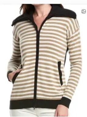 CAbi Mascot Cardigan Sweater with Cream and Tan Striped Sleeves NWOT